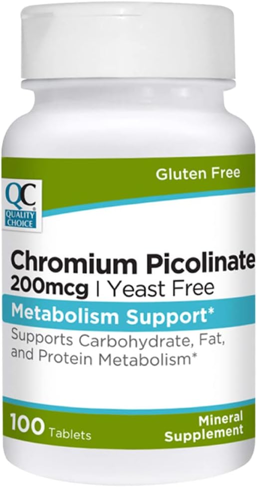 Quality Choice Chromium Picolinate 200 mcg for Support of Carbohydrates, Protein, and Fat Processing. 100 Tablets. Free of Preservatives, Artificial Flavors & Gluten.
