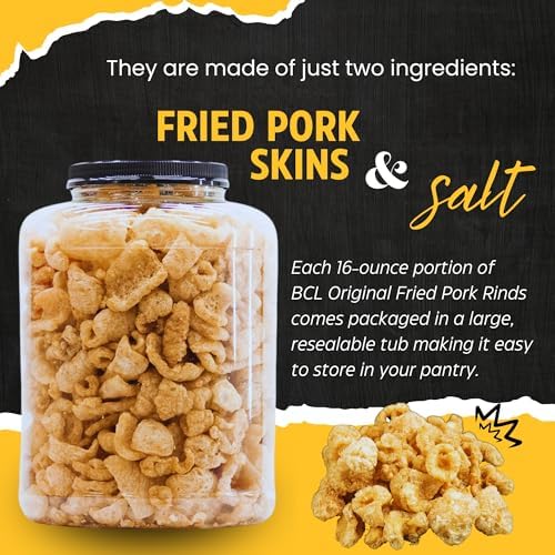 (1) Original Smoked Fried Pork Rinds 16oz Tub Premium Chicharrones Zero Carbs High Protein Crunchy Crackling Snacks Keto Paleo Friendly Party Food Guacamole Gourmet Snack Savory Treat