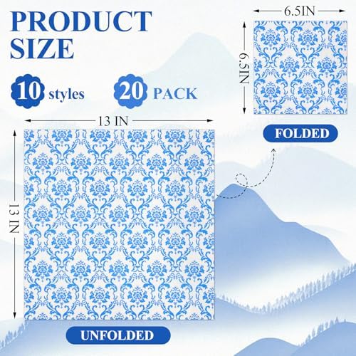 20 Pack 10 Styles Decoupage Paper Napkins, Blue Floral Decorative Cocktail Toile Napkins for DIY Crafting Birthday Party Baby Shower