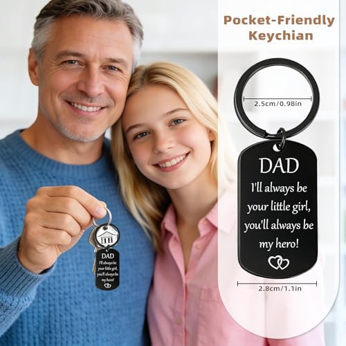 Fathers Day Dad Gifts from Daughter, I'll Always Be Your Little Girl Engraved Keychain, Black Stainless Steel Meaningful Keepsake for Daddy Papa Stepdad, Birthday Christmas Valentines Present