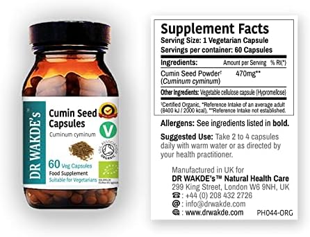 DR WAKDE's Organic Cumin Seed Capsules, Organic (60 Veg Caps, Plant-Based Supplement, Ayurvedic Herb, All Natural, Vegan)
