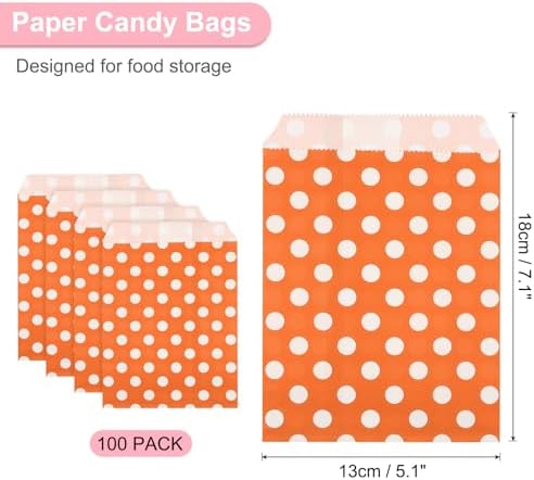 uxcell 100Pcs Kraft Paper Treat Bags, 7" x 5" Greaseproof Kraft Candy Bags Flat Favor Bags Small Gift Bags for Bakery Cookies Dessert Chocolate Soap Wedding Party Favor, Orange Dot