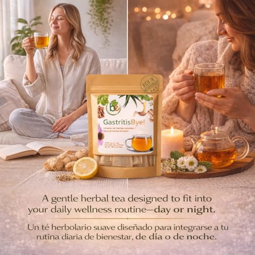 Gastritis-BYE Herbal Tea – Herbal Infusion for Digestive Comfort – 24 Tea Bags – Ginger, Chamomile, Boldo, Aloe Vera, Mint, Arnica & Cuachalalate – 100% Natural, Non-GMO, Caffeine-Free