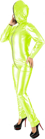 Leather Long Sleeve High Weist Elastic Wet Look PVC Zip Front Hooded Bodysuit Costumes Jumpsuit,Fluorescent Green,L