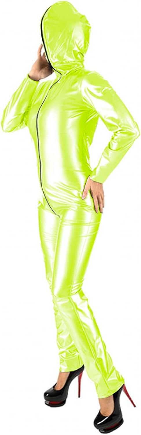 Leather Long Sleeve High Weist Elastic Wet Look PVC Zip Front Hooded Bodysuit Costumes Jumpsuit,Fluorescent Green,L