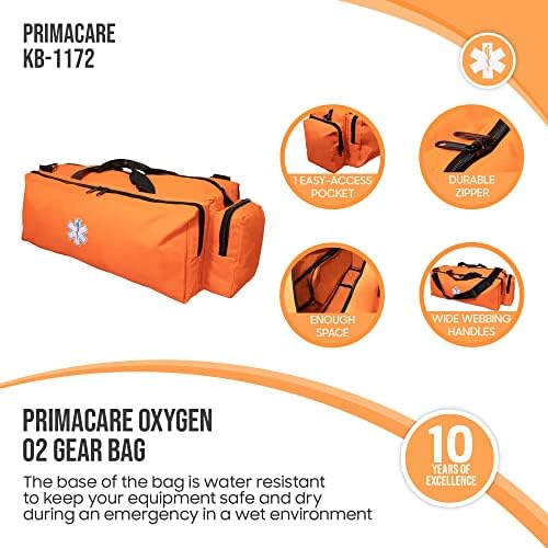 PrimaCare KB-1172 EMT First Responder Oxygen O2 Gear Bag with Multiple Compartments, Waterproof Reinforced Bottom, Heavy-Duty Zipper, 32" x 12" x 13", Orange