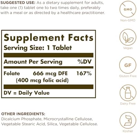 Solgar Folate 666 mcg DFE (Folic Acid 400 mcg) - 250 Tablets, Pack of 3 - Prenatal Support - Non-GMO, Vegan, Gluten Free, Dairy Free, Kosher - 750 Total Servings