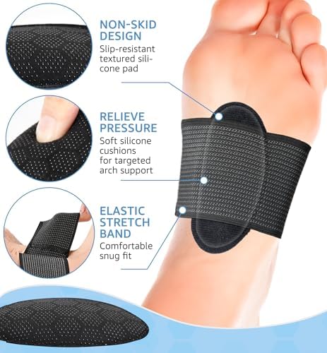 HiRui 2-Pack Arch Support Cushions with Silicone Pad for Plantar Fasciitis Relief - Non-Slip Elastic Foot Arch Brace for Flat & Fallen Arches, High Arch, Foot Care - Fits All Shoes (Black, Medium)
