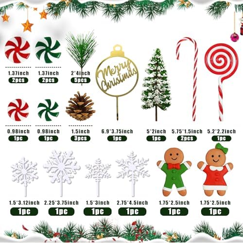 Merry Christmas Cake Topper Gingerbread Man Cake Decorations Candy Cane Pine Needle Snowflake for Christmas Theme New Year