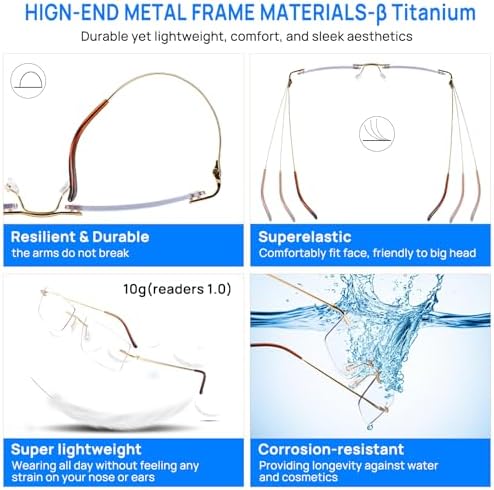 Titanium Frameless Reading Glasses for Men Women, Blue Light Blocking Readers 1.0 1.5 2.0 2.5 3.0 3.5