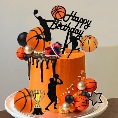 25 PCS Basketball Cake Toppers Black Gold Balls Cake Decorations Basketball Theme Cake Decoration for Boy Birthday Sport Party Supplies