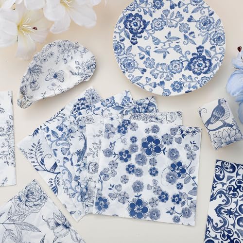 16 Pcs 8 Styles Decoupage Napkins, Blue and White Floral Paper Napkins Chinoiserie Decorative Cocktail Napkin Pretty Printed Cocktail Paper for DIY Crafting Furniture Decor Birthday Party Baby Shower