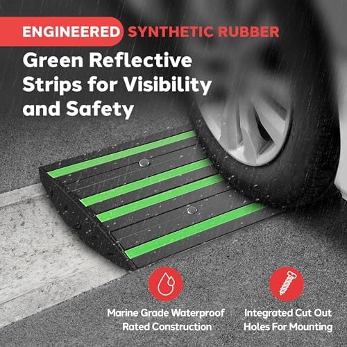 Pyle 2 Ft. Rubber Threshold Curb Ramp for Driveway - Heavy Duty Non-Slip Ramp for Vehicles - Green Reflective Strip, Marine Grade Waterproof, Ideal for Driveways & Sidewalks, 24.0"x16.0"x2.6" Inches