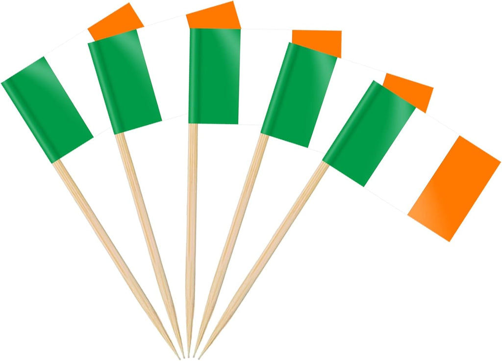 AhfuLife Irish Flag Toothpick for St. Patrick's Day Decorations, 100 PCS Ireland Flags Cupcake Toppers, Mini Irish Flag Cocktail Picks for Irish Party Supplies, Ireland Festival Decorations
