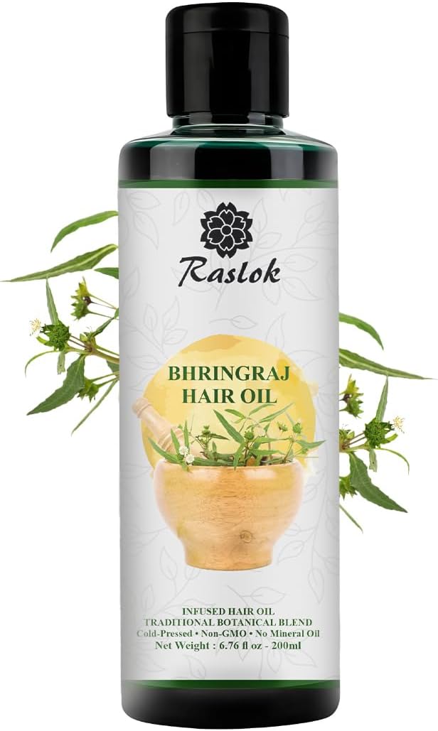 Raslok Bhringraj Hair Oil 6.76 fl oz –200ml | Ayurvedic Botanical Blend with Amla, Neem, Hibiscus & Brahmi | Cold-Pressed | Non-GMO | No Mineral Oil | Made in India