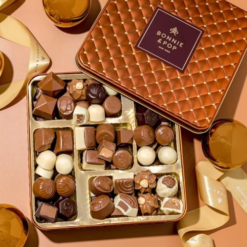 Chocolate Gift Basket– Holiday Candy Gift Box with Assorted Milk, Dark & White Chocolate Truffles – Food Present Idea for Men, Women, Corporate, Get Well, Sympathy, Birthday- Bonnie & Pop