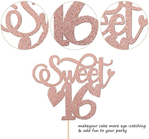 Rsstarxi 1 Pack Sweet 16 Cake Topper Glitter Cheers to 16 Years Old Cake Pick Sweet Sixteen 16th Birthday Cake Decoration for 6th Birthday Anniversary Party Supplies Rose Gold