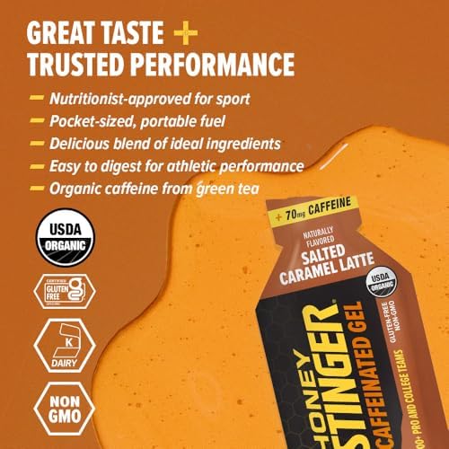 Honey Stinger Organic Salted Caramel Energy Gel, Caffeinated & Gluten Free, for Exercise, Running and Performance, Sports Nutrition for Home & Gym, Pre and Mid Workout, 12 Pack, 13.2 Ounce