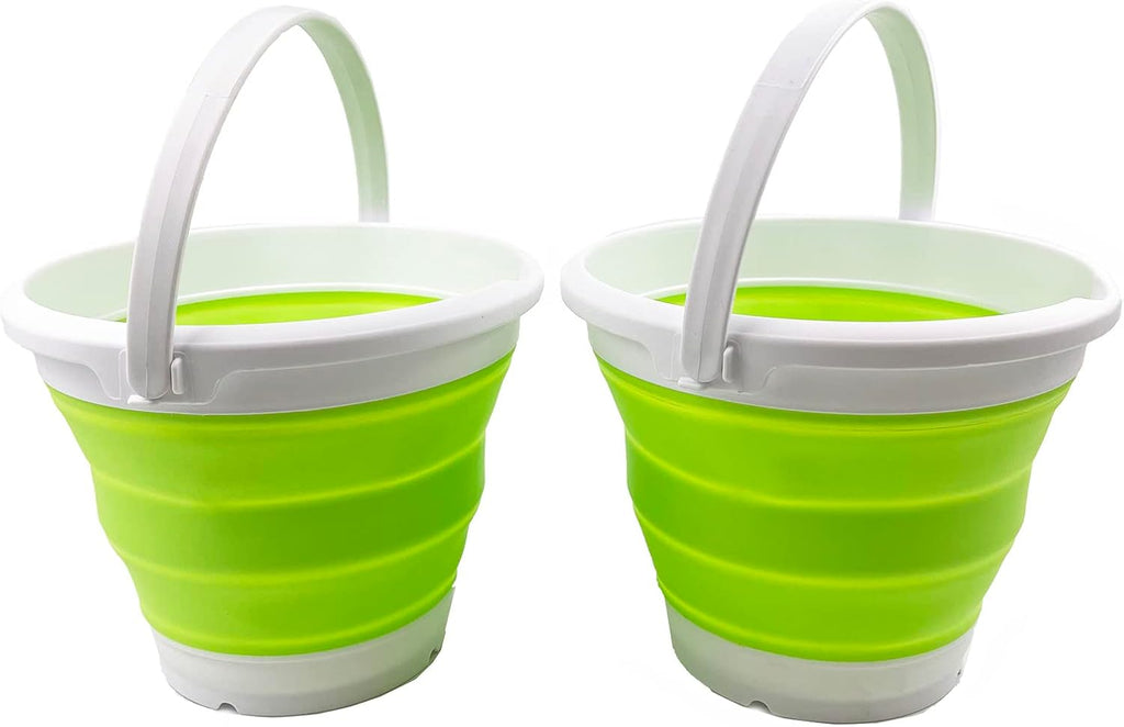 SAMMART Set of 2-5.5L (1.4 gallons) Collapsible Plastic Bucket - Foldable Round Tub with Hanle - Portable Fishing Bucket - Pop Up Saving Outdoor Waterpot. (White/Grass Green (Set of 2))