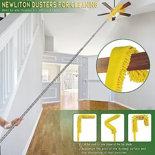 17FT Extendable Duster with 2-9 ft Extension Pole for High Ceilings, Newliton Cobweb Duster for Ceiling Fans Hard-to-Reach Areas, Long Handle Microfiber Dusting Tool for Home Cleaning