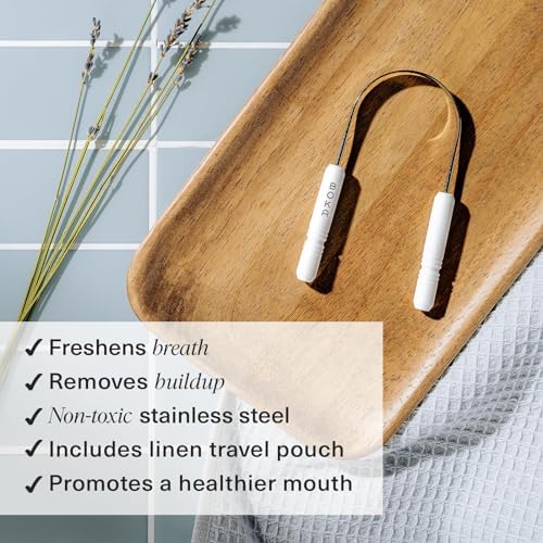 Boka Tongue Scraper for Adults & Kids with Case - Stainless Steel Tongue Cleaner w/Linen Travel Pouch - Scrubber to Remove Tongue Buildup and Freshen Breath (Pack of 2), Green and Pink