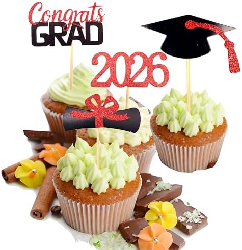 YuBoBo 2026 Graduation Cupcake Toppers, 48 PCS Food/Appetizer Picks For Graduation Party Mini Cake Decorations, Diploma, 2026, Grad Cap Set 48 Pieces (03 Red)
