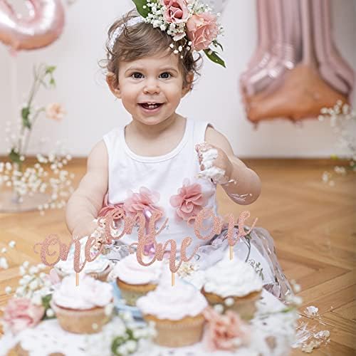 24 Pack One Cupcake Toppers Glitter Baby First Birthday Party Cupcake Food Picks Decorations for Baby Shower Boys Girls Kids 1st Birthday Party Cake Decorations Supplies Rose Gold