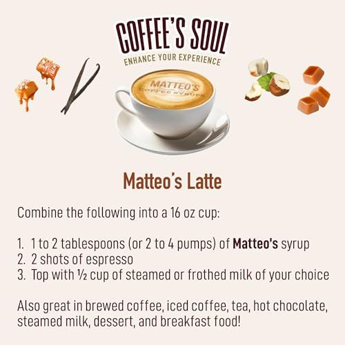 Matteo's Sugar Free Coffee Syrups - Zero Sugar Flavor Syrup, Barista Style Variety Pack of Coffee Flavoring Syrups, 0 Calorie, Keto-Friendly, Salted Caramel, Vanilla, Hazelnut, Caramel, 33.8oz, 4 Pack
