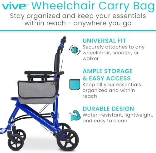 Vive Wheelchair Carry Bag - Arm Rest Pouch for Rollator, Walkers, Power Wheel Chairs and Knee Scooters - Side Storage Organizer for Elderly, Seniors, Adults (Gray)