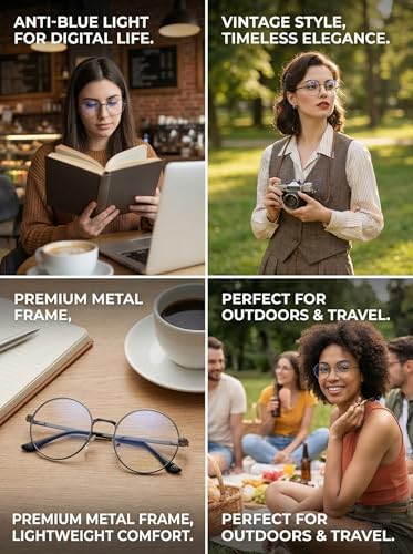 2-Piece Set of Retro Round Eyeglasses for Women, Clear Lens Metal Frames, Stylish Costume Accessories