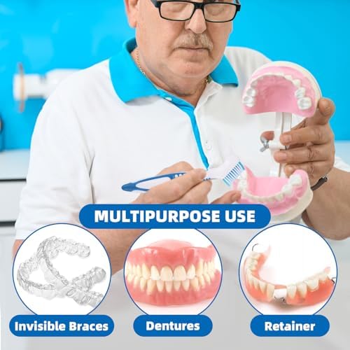 Denture Cleaner Box and Brush Set - 2 Pack Denture Bath Case with Basket + 2 Pack Denture Brush, Portable Denture Retainer Storage Box, False Teeth Brushes for Oral Care (Blue and Red)