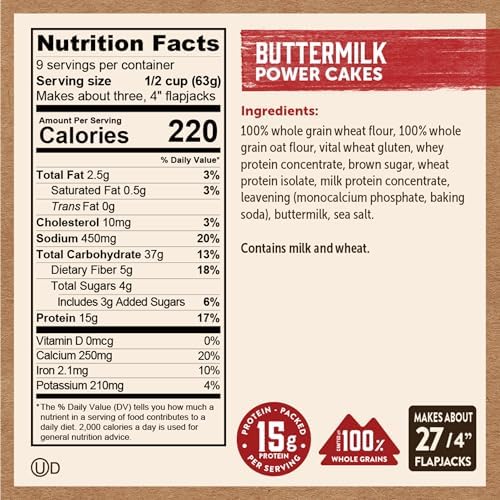 Kodiak Cakes Protein Pancake Power Cakes, Flapjack and Waffle Baking Mix, Buttermilk, 20 Oz, (Pack of 6)