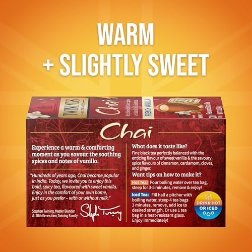Twinings French Vanilla Chai Black Tea Individually Wrapped Bags, 20 Count (Pack of 1), Warm, Sweet & Spicy, Caffeinated, Enjoy Hot or Iced, 20 Teabags