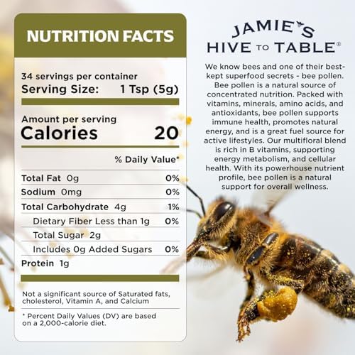 Jamie’s Hive to Table Organic Bee Pollen, 6 oz - 100% Pure, Raw & Natural Superfood, Premium Quality Bee Pollen Granules for Energy, Immunity, Skin Health, Antioxidants, & Vitality, Gluten Free