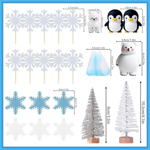 Penguin Cake Topper ，Polar Bears Cake Decor，Winter Wonderland Cake Topper Set with Penguins, Polar Bears, Snowflakes, Arctic Theme Cake Decorating