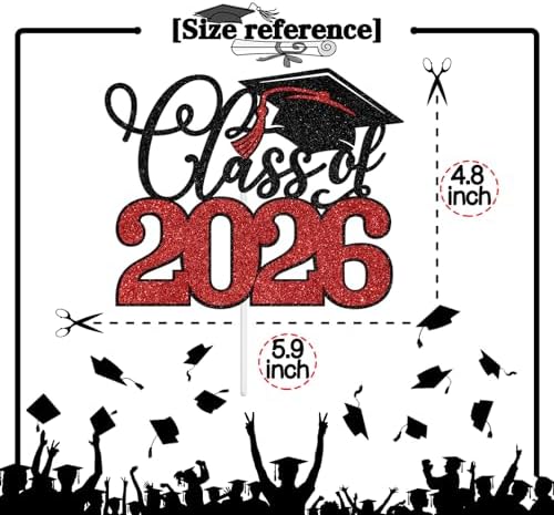 Class of 2026 Cake Toppers, Congrats Grad, So Proud of You, High School College Bacherlor Master Doctor Senior Graduate Gradaution Party Decoration Supplies, Black and Red Glitter