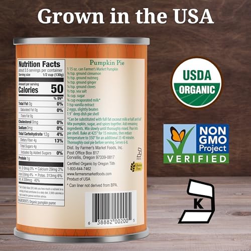Farmer's Market Foods Canned Organic Pumpkin Puree, 15 Ounce (Pack of 12)