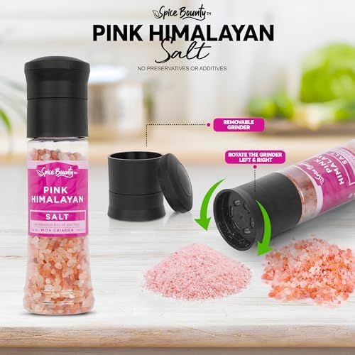 Spice Bounty Pink - Himalayan Salt Grinder – 12.9 oz Natural Coarse Rock Salt, Refillable Seasoning Mill, Premium Himalayan Pink Salt Crystals, No Additives