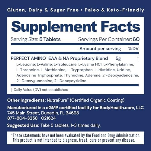 BodyHealth PerfectAmino (300 ct) Easy to Swallow Tablets, Essential Amino Acids Supplement with BCAAs, Vegan Protein for Pre/Post Workout & Muscle Recovery with Lysine, Tryptophan, Leucine, Methionine