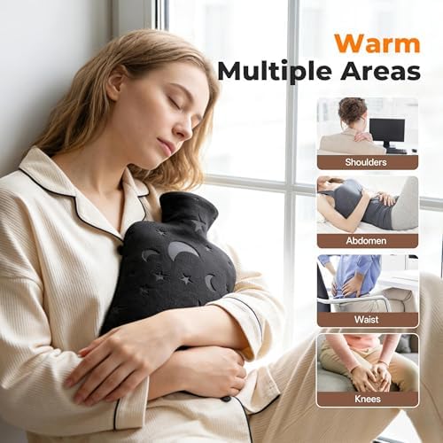 Hot Water Bottle with Soft Cover, 2L Hot Water Bag for Menstrual Cramps, Neck and Shoulder Pain Relief, Hot and Cold Therapies, Hand Feet Warmer, Dark Grey