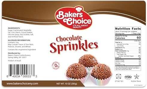 Bakers Choice Chocolate Sprinkles for Ice Cream Toppings - Chocolate Jimmies Sprinkles for Baking - Dairy Free, Kosher 10 oz.