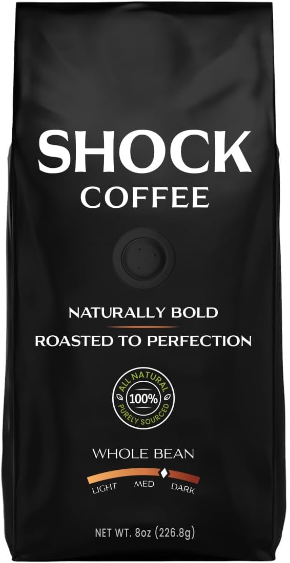Shock Coffee Naturally Bold | Extra High Caffeine Strong Coffee | Medium Dark Roast Whole Bean | Premium Arabica | 8 ounce
