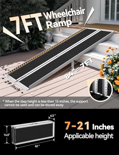 FACHNUO 7 Feet Portable Wheelchair Ramp with Sopport Legs, Non-Skid Aluminum Handicap Ramps with Handle, Folding Threshold Wheel Chair Ramp for Home Steps, Stairs, Entry,Doorways, 800LBS Capacity