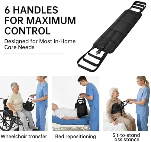 Transfer Sling, Upgraded with Metal Buckle, 6 Reinforced Straps with Hand Grips, Lift & Standing Aid for Caregivers, Elderly & Disabled, Transfer Belt for Home Use (Black, Large)