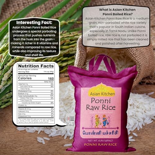 Asian Kitchen Ponni Raw Rice 4-Pound Bag, 4lbs (1.81kg) Short Grain Rice ~ All Natural | Gluten Friendly | Vegan | Indian Origin | Export Quality
