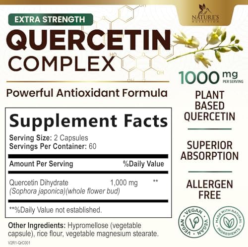 Quercetin Dihydrate 1000mg per Serving - Premium Plant-Based Bioflavonoids - Extra Strength Antioxidant Immune & Respiratory Health Support - High Absorption Quercetin Dihydrate - 120 Veggie Capsules