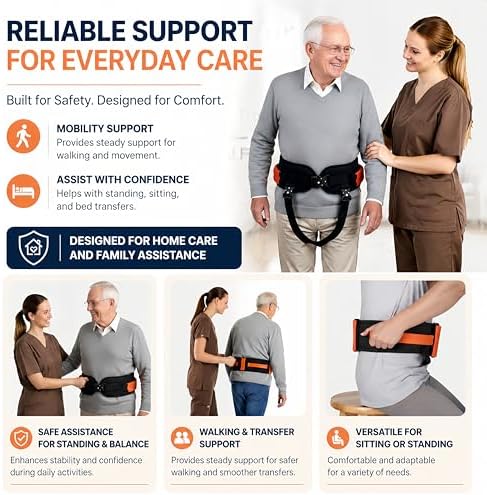 Gait Belt, Upgraded with Metal Buckle & Detachable Leg Straps, 7 Reinforced Handles, Transfer & Lift Belt for Seniors & Elderly, Walking Support and Mobility Assistance (Orange, Medium)