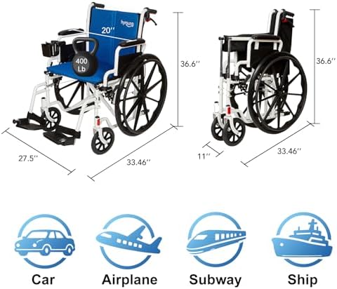 Wheelchairs for Adults, Lightweight Wheelchair Foldable 20'' Manual Transport Chair with Swing-Away Footrests & Flip-Back Arms bariatric Wheelchair (Supports 400 lbs) Detachable Cushion & Dual Brakes