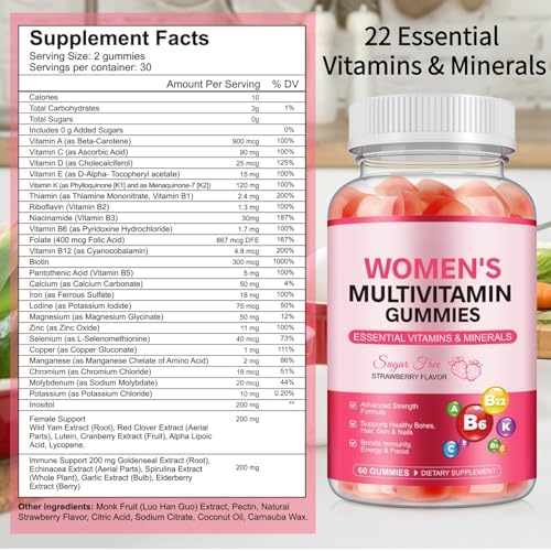 Women's Multivitamin Gummies with Iron, Inositol, Zinc, Biotin, Vitamin A C D3 E K2 B12 - Sugar Free, Vegan, Strawberry Flavored Multi Vitamins for Daily Energy & Wellness - 60 Count (30 Day Supply)