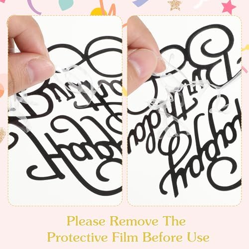 6 Pcs Happy Birthday Cake Topper Side Mirror Acrylic Sign Decorations Black Inserts Decor Supplies Cupcake Toppers for Party Dessert